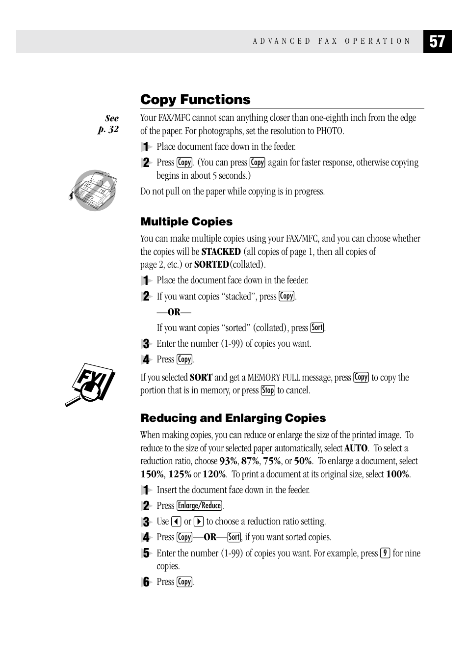 Copy functions, Multiple copies, Reducing and enlarging copies | Multiple copies reducing and enlarging copies | Brother MFC 1970MC User Manual | Page 65 / 136