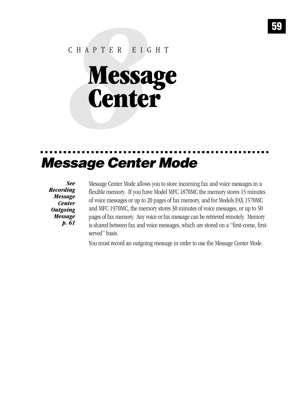 8 message center, Message center mode, Message center | Brother MFC 1970MC User Manual | Page 67 / 136