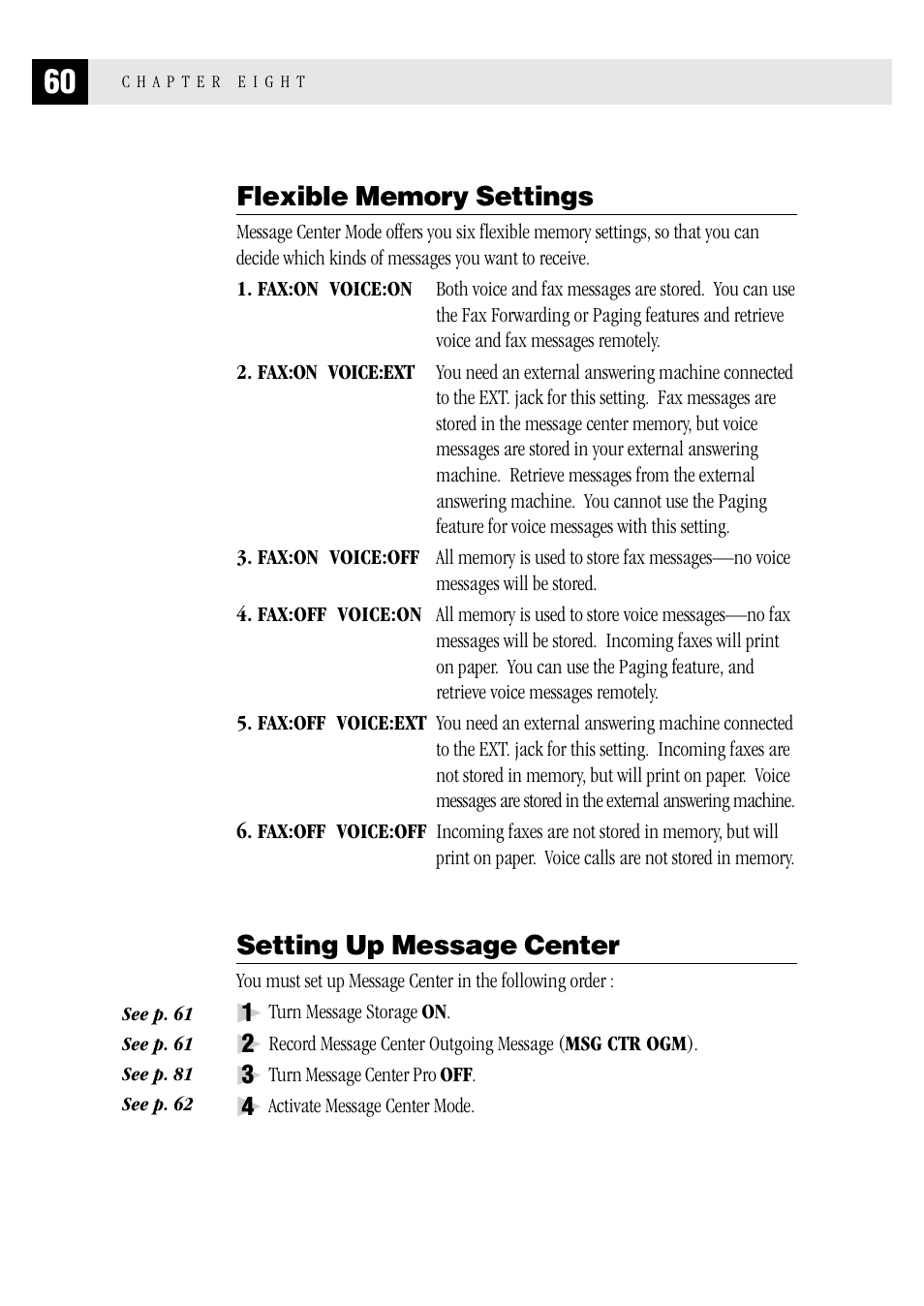 Flexible memory settings, Setting up message center, Flexible memory settings setting up message center | Brother MFC 1970MC User Manual | Page 68 / 136