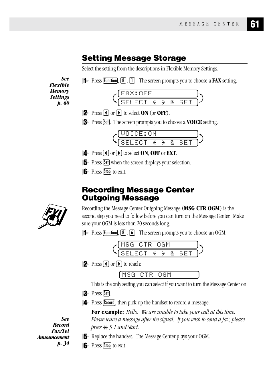 Setting message storage, Recording message center outgoing message | Brother MFC 1970MC User Manual | Page 69 / 136