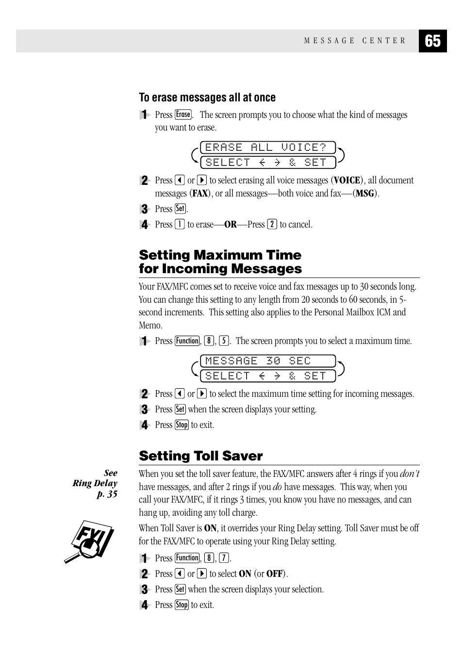 To erase messages all at once, Setting maximum time for incoming messages, Setting toll saver | Brother MFC 1970MC User Manual | Page 73 / 136