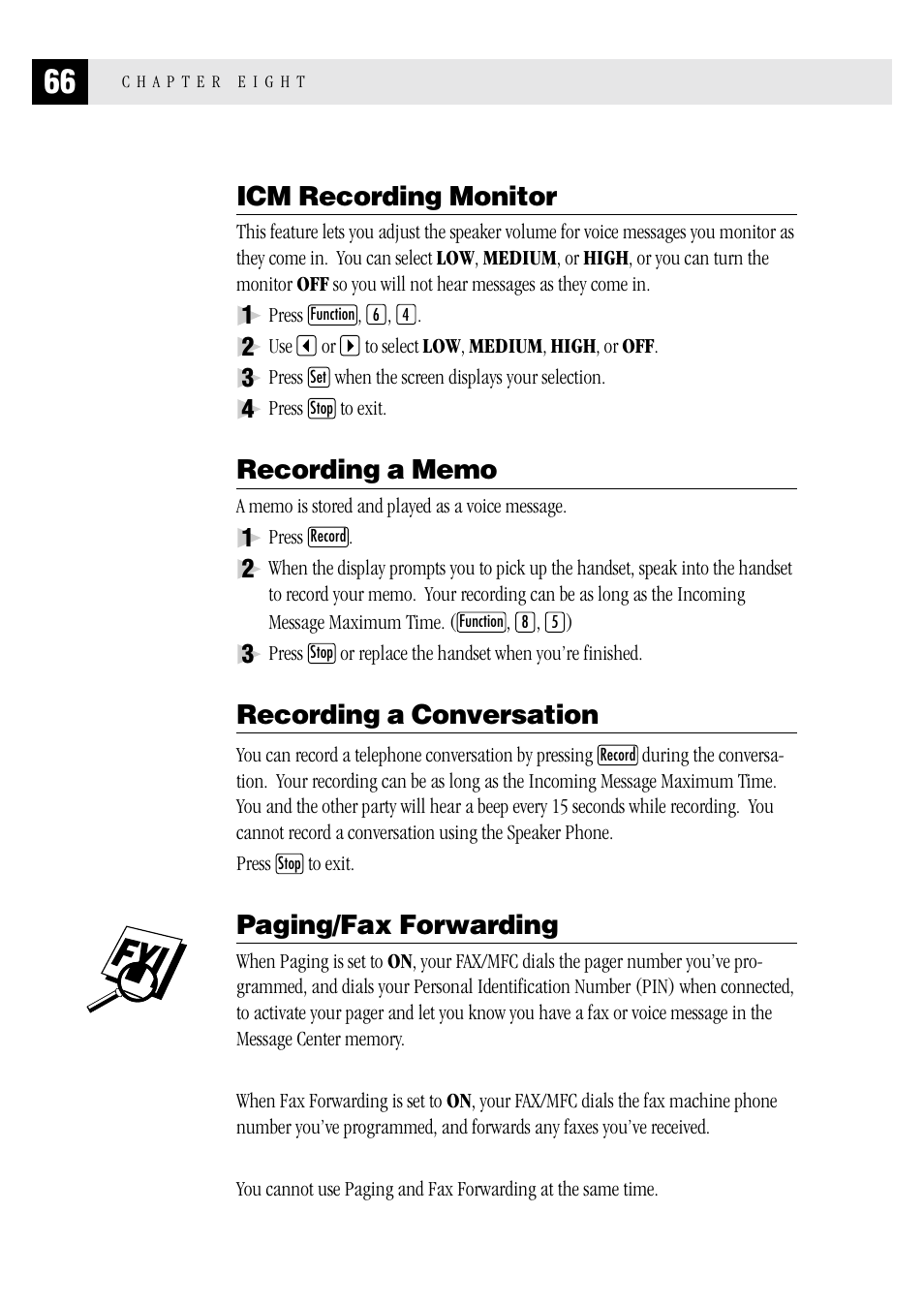 Icm recording monitor, Recording a memo, Recording a conversation | Paging/fax forwarding | Brother MFC 1970MC User Manual | Page 74 / 136