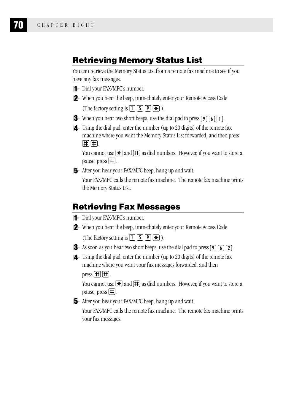 Retrieving memory status list, Retrieving fax messages | Brother MFC 1970MC User Manual | Page 78 / 136