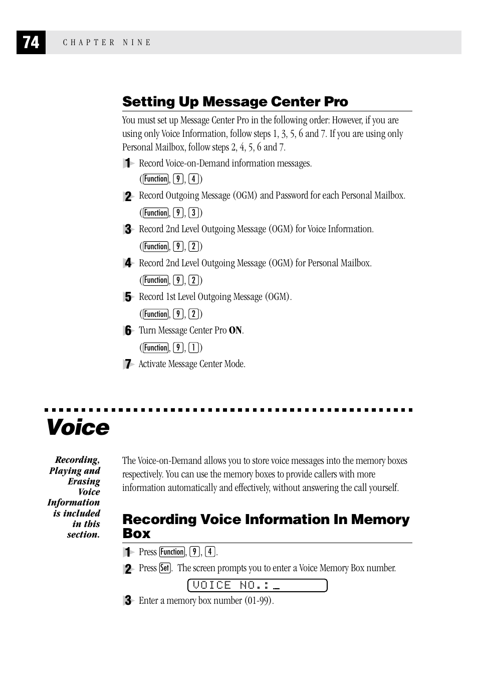 Setting up message center pro, Voice, Recording voice information in memory box | Brother MFC 1970MC User Manual | Page 82 / 136