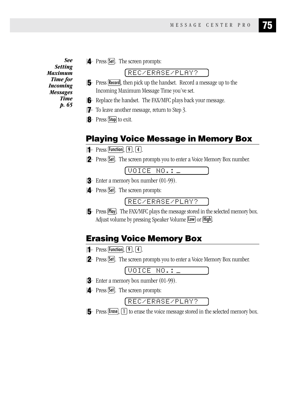 Playing voice message in memory box, Erasing voice memory box | Brother MFC 1970MC User Manual | Page 83 / 136