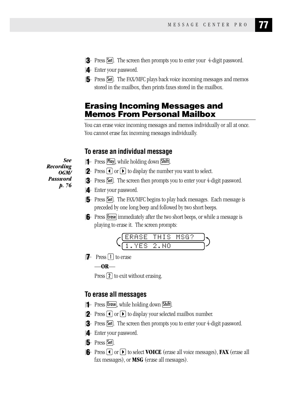 To erase an individual message, To erase all messages | Brother MFC 1970MC User Manual | Page 85 / 136