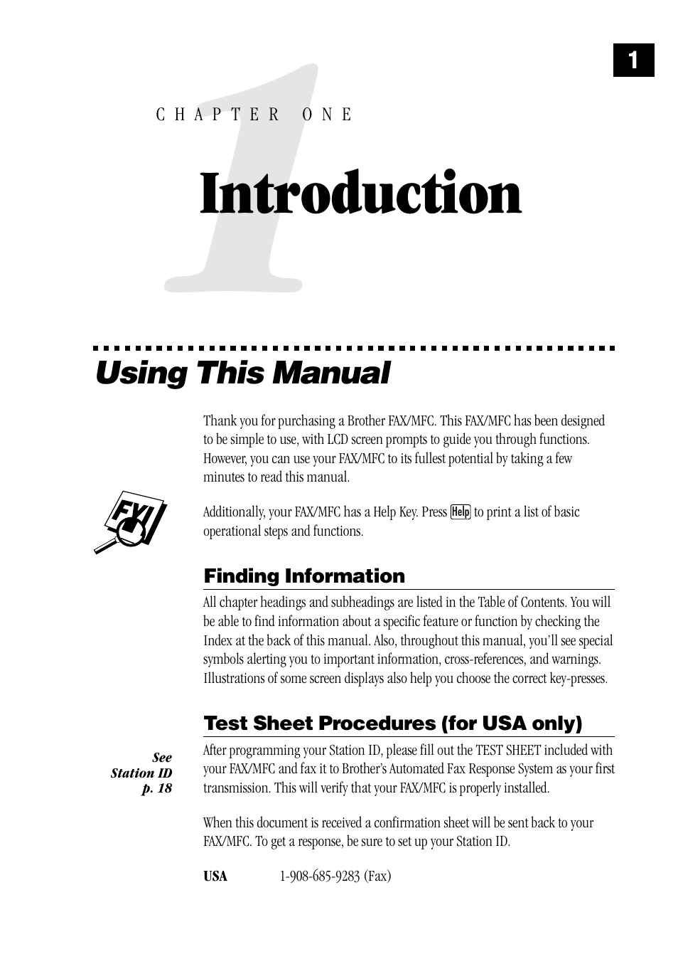 1 introduction, Using this manual, Finding information | Test sheet procedures (for usa only), Introduction | Brother MFC 1970MC User Manual | Page 9 / 136