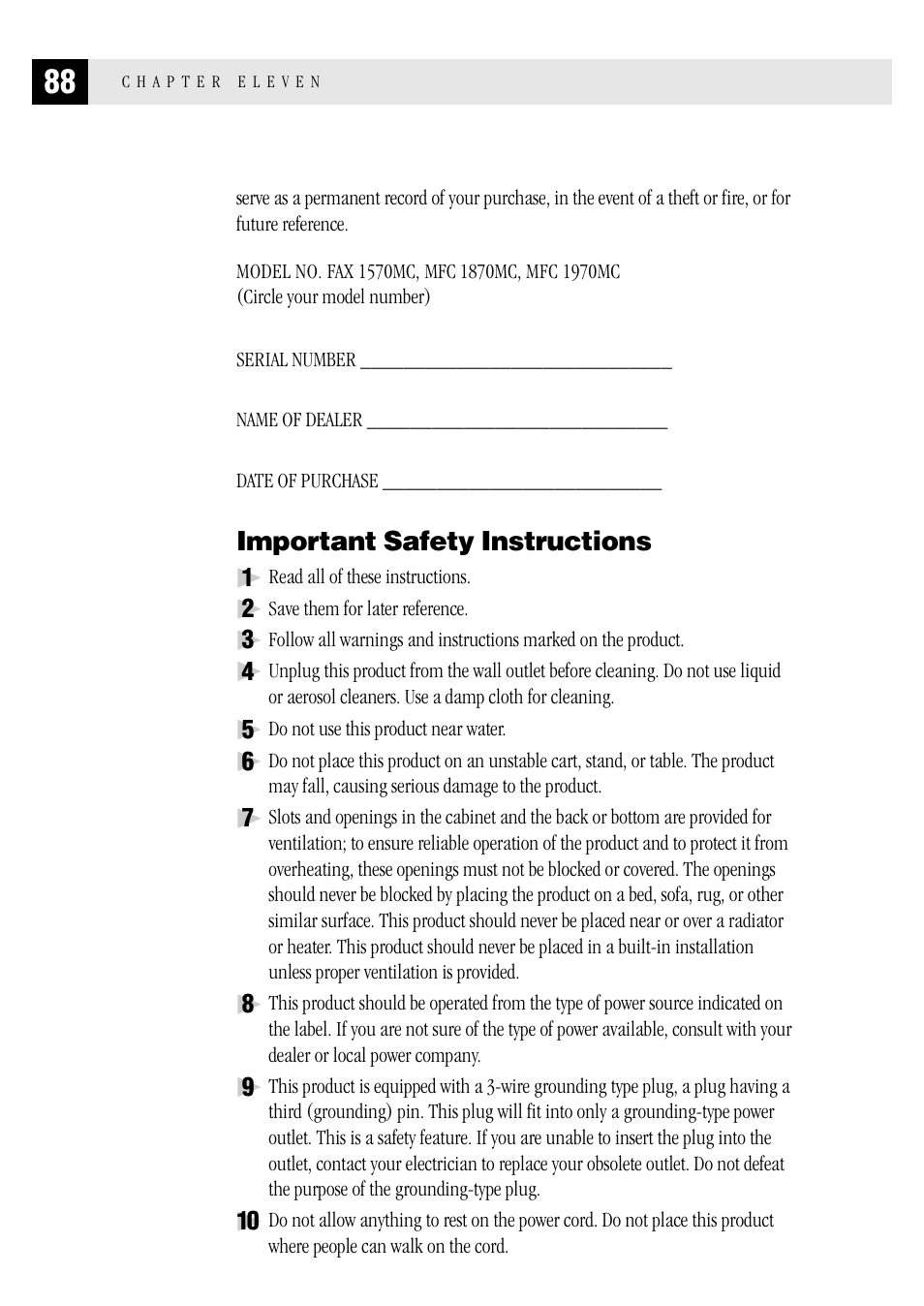 Important safety instructions | Brother MFC 1970MC User Manual | Page 96 / 136