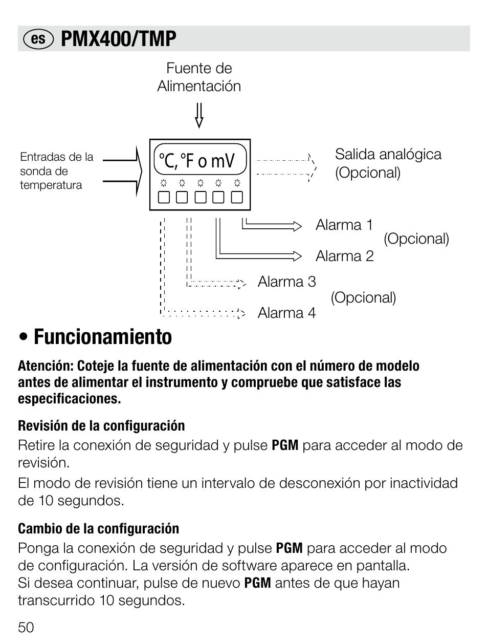 Pmx400/tmp •funcionamiento, C, °f o mv | Weidmuller PMX400TMP - Display instrument for control panel User Manual | Page 25 / 39