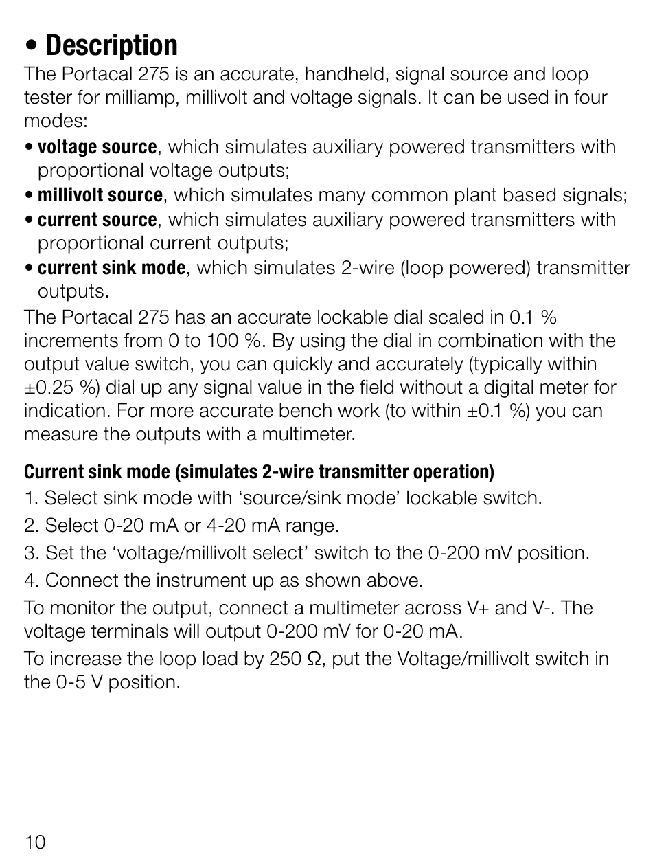 Description | Weidmuller Portacal 275 - Signal source and loop calibrator User Manual | Page 10 / 32