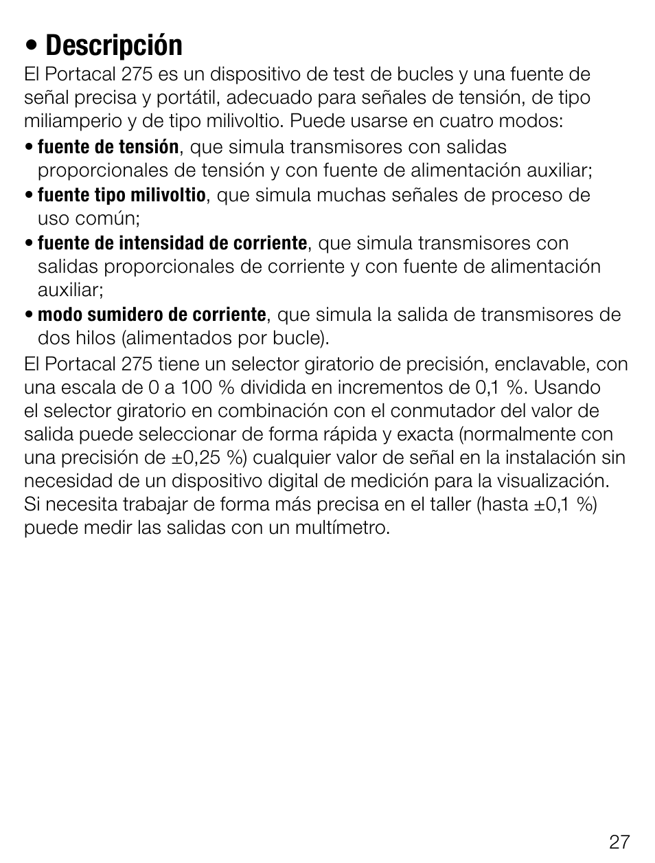 Descripción | Weidmuller Portacal 275 - Signal source and loop calibrator User Manual | Page 27 / 32