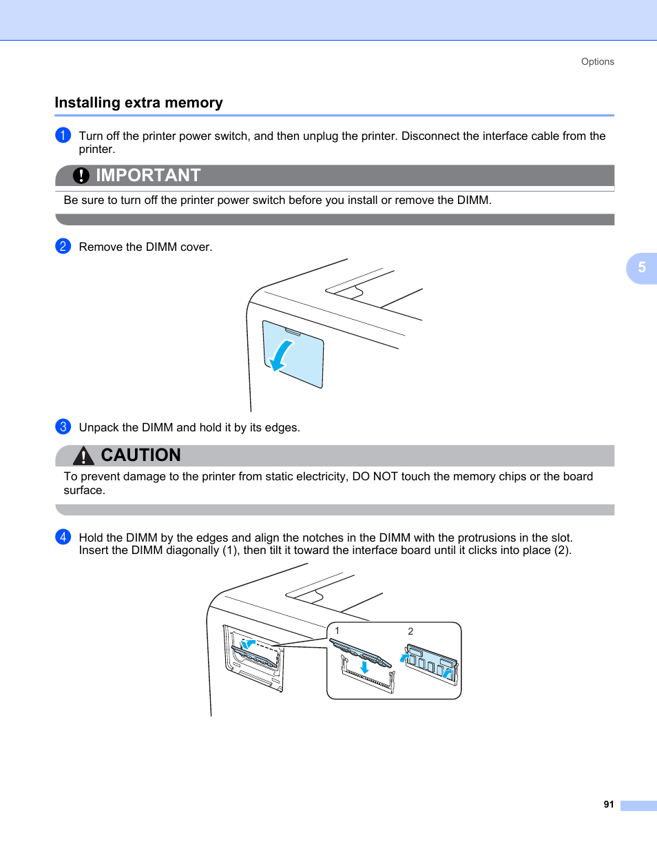 Installing extra memory, Important, Caution | Brother HL 5370DW User Manual | Page 101 / 172