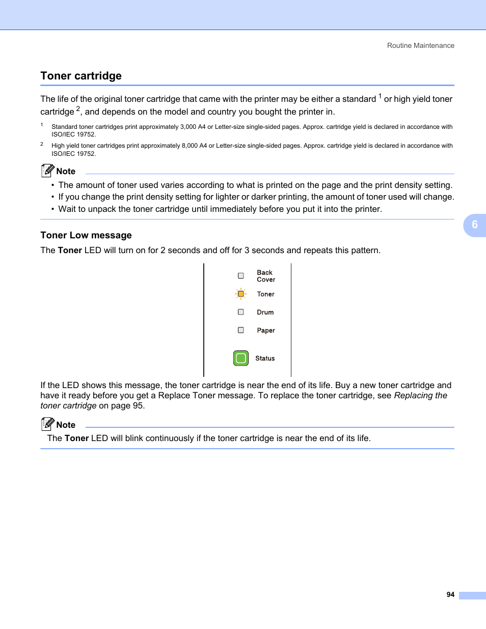 Toner cartridge, Toner low message, 6toner cartridge | Or high yield toner cartridge | Brother HL 5370DW User Manual | Page 104 / 172