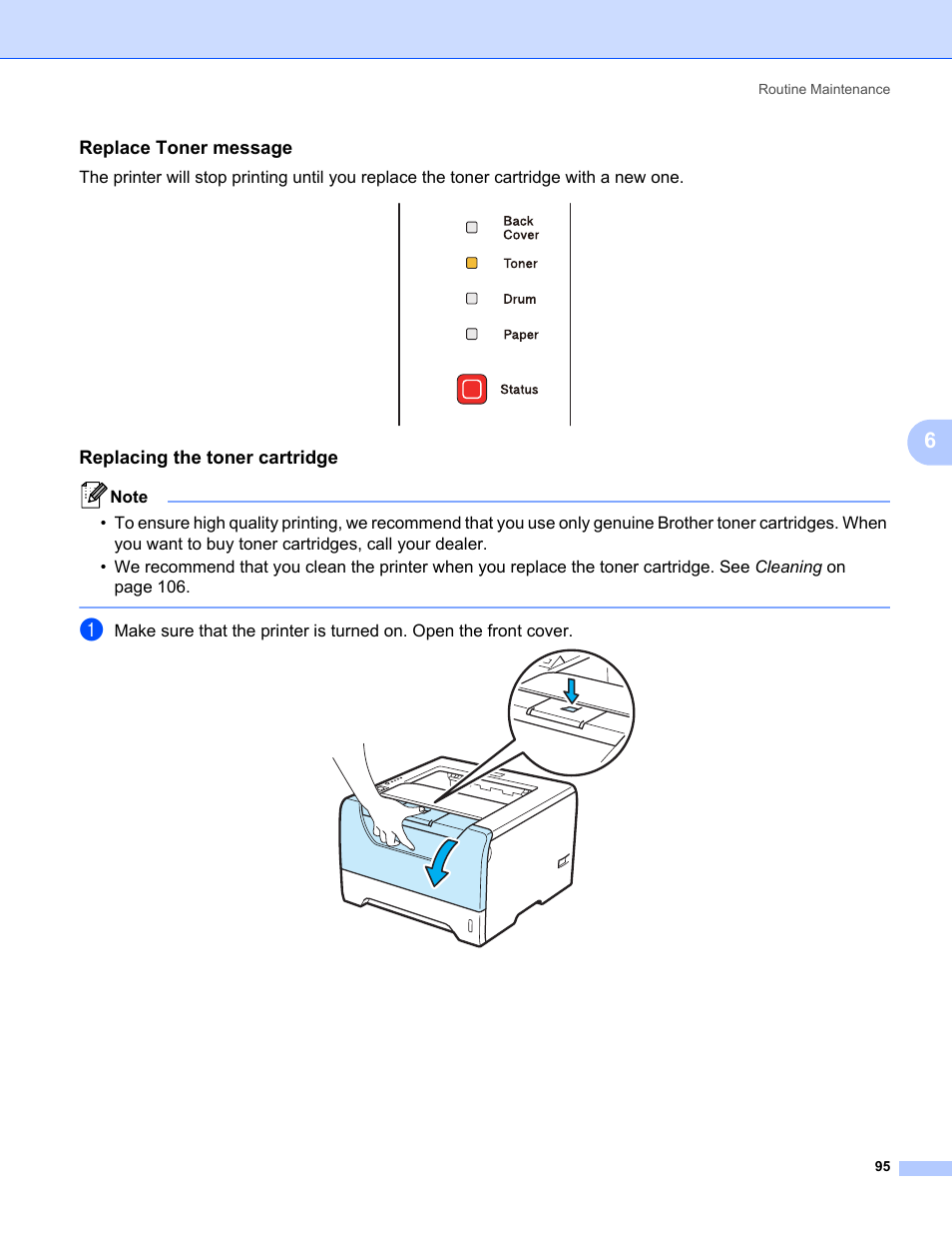 Replace toner message, Replacing the toner cartridge | Brother HL 5370DW User Manual | Page 105 / 172