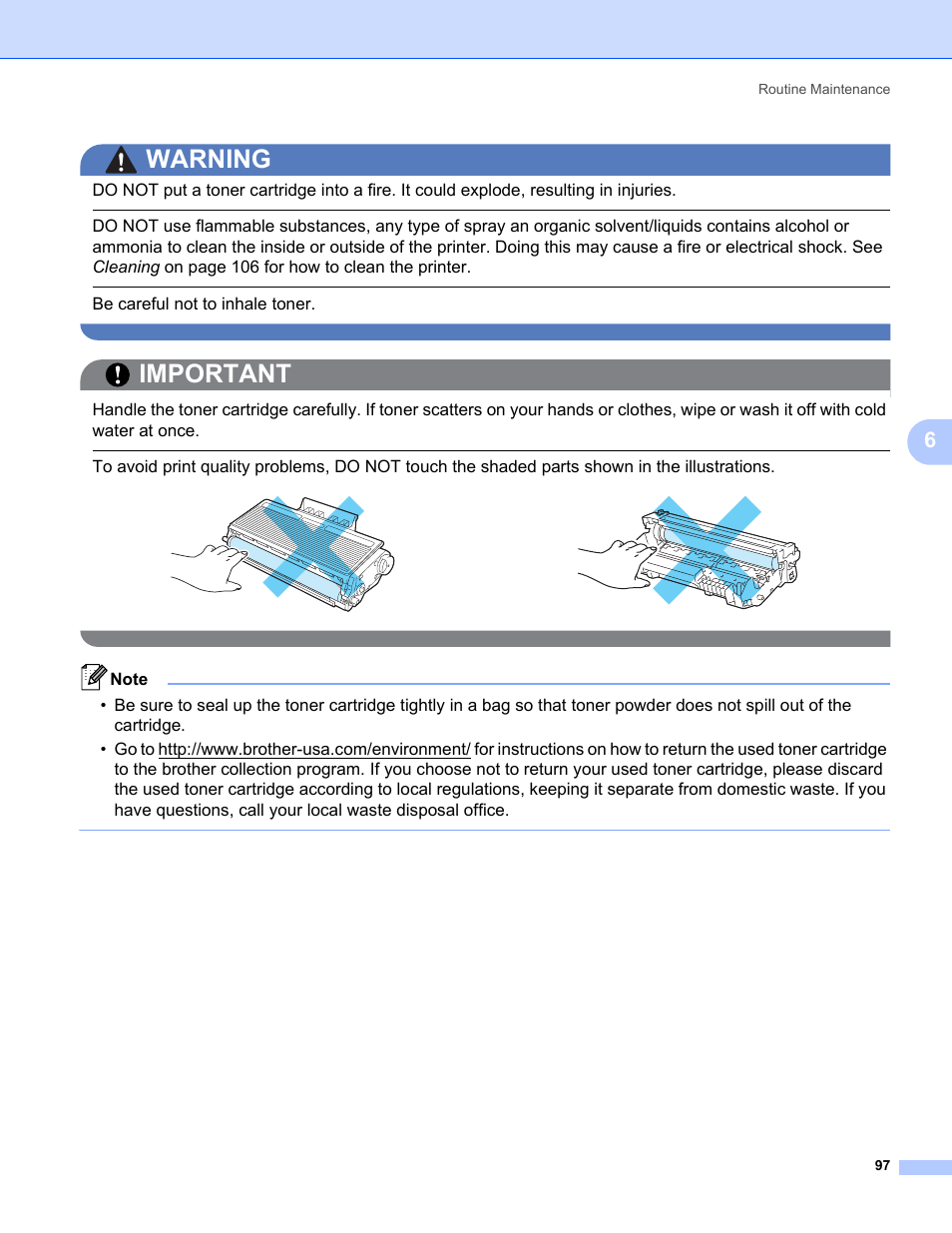 Warning, Important, Be careful not to inhale toner | Brother HL 5370DW User Manual | Page 107 / 172