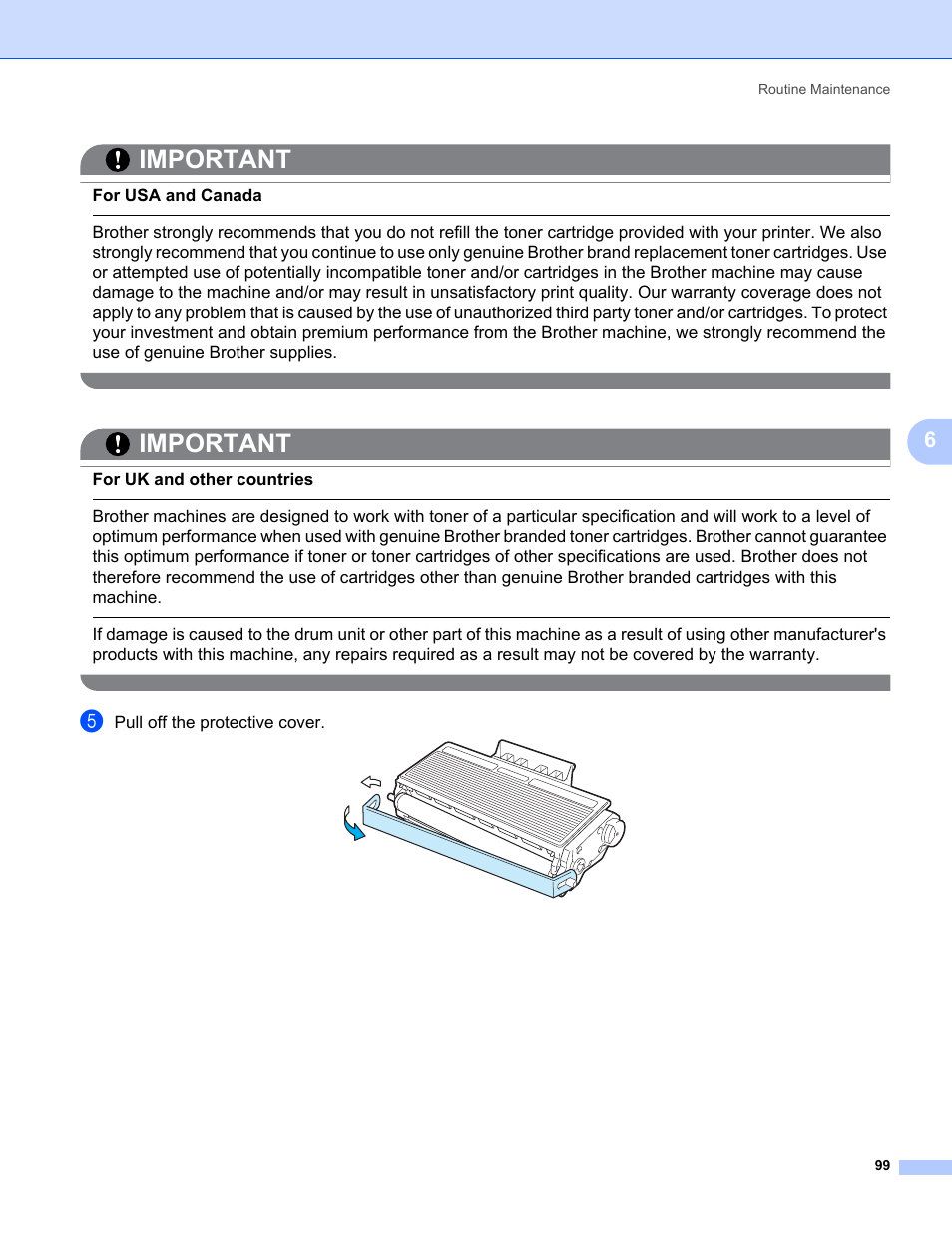 Important, For usa and canada, For uk and other countries | Pull off the protective cover | Brother HL 5370DW User Manual | Page 109 / 172