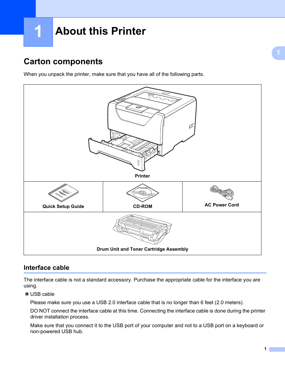 1 about this printer, Carton components, Interface cable | About this printer | Brother HL 5370DW User Manual | Page 11 / 172