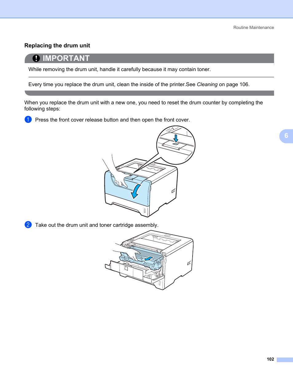 Replacing the drum unit, Important | Brother HL 5370DW User Manual | Page 112 / 172