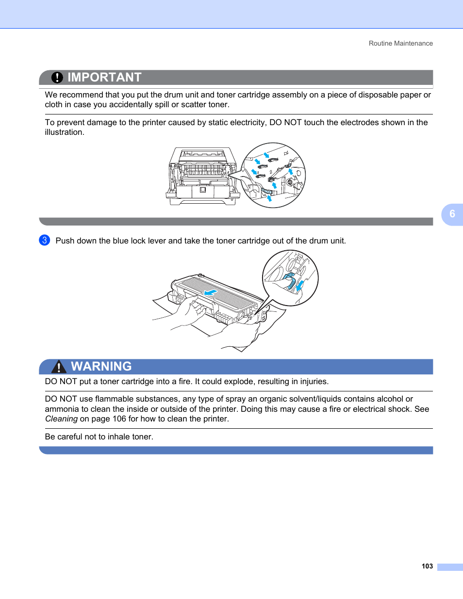 Important, Warning, Be careful not to inhale toner | Brother HL 5370DW User Manual | Page 113 / 172