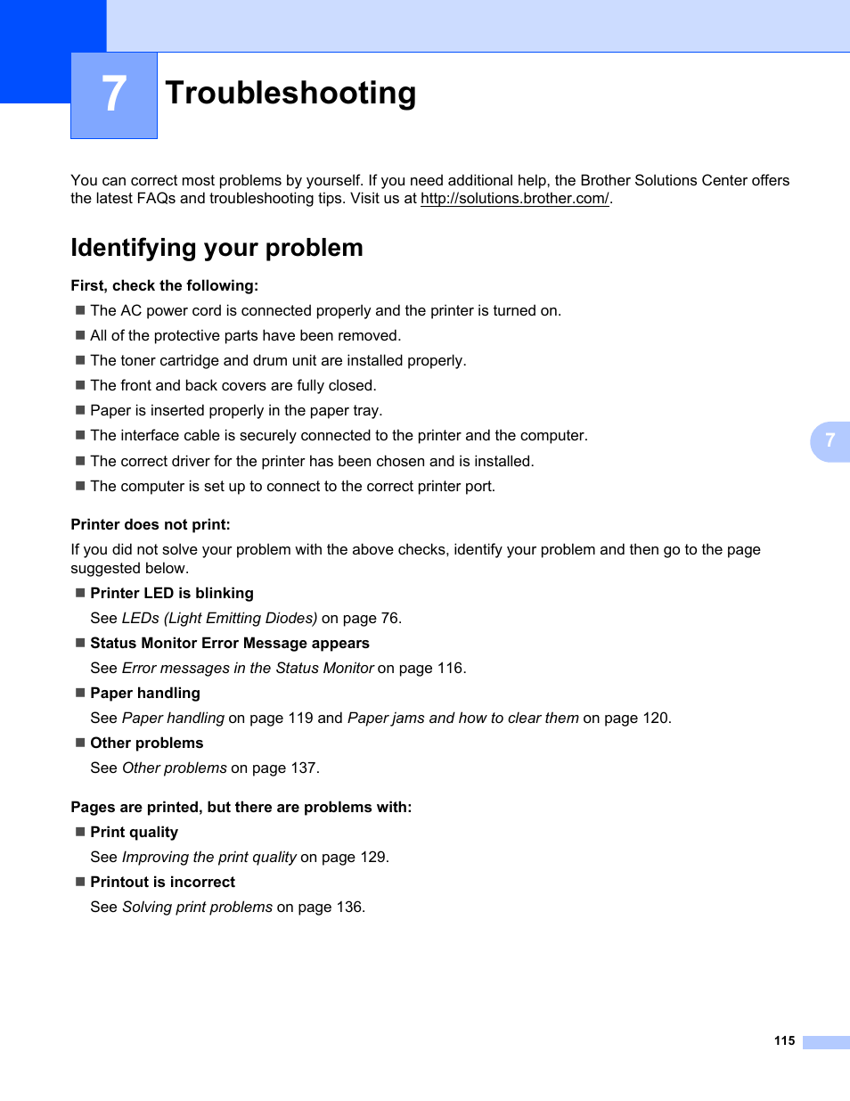 7 troubleshooting, Identifying your problem, Troubleshooting | Brother HL 5370DW User Manual | Page 125 / 172