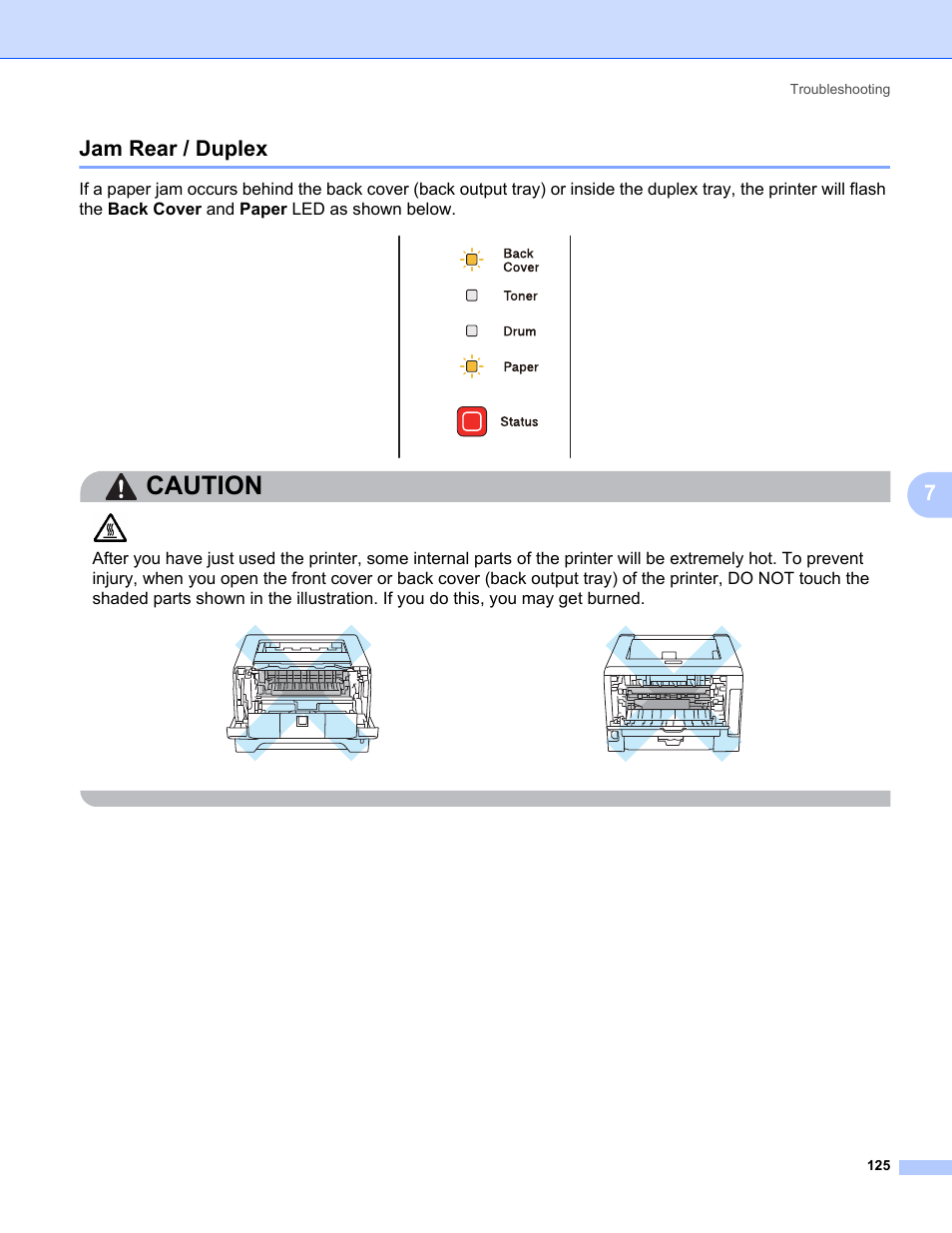 Jam rear / duplex, Caution, 7jam rear / duplex | Brother HL 5370DW User Manual | Page 135 / 172