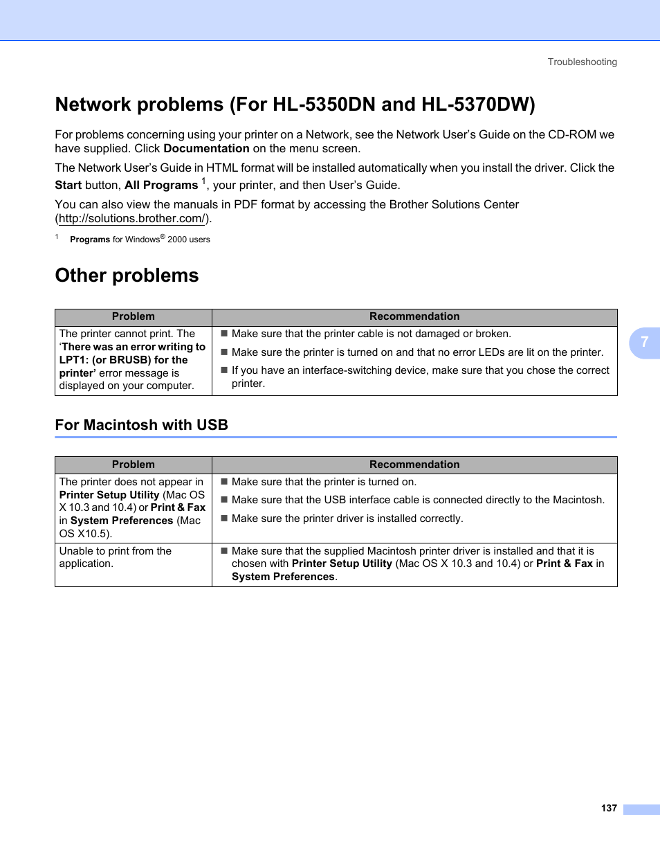 Network problems (for hl-5350dn and hl-5370dw), Other problems, For macintosh with usb | Brother HL 5370DW User Manual | Page 147 / 172