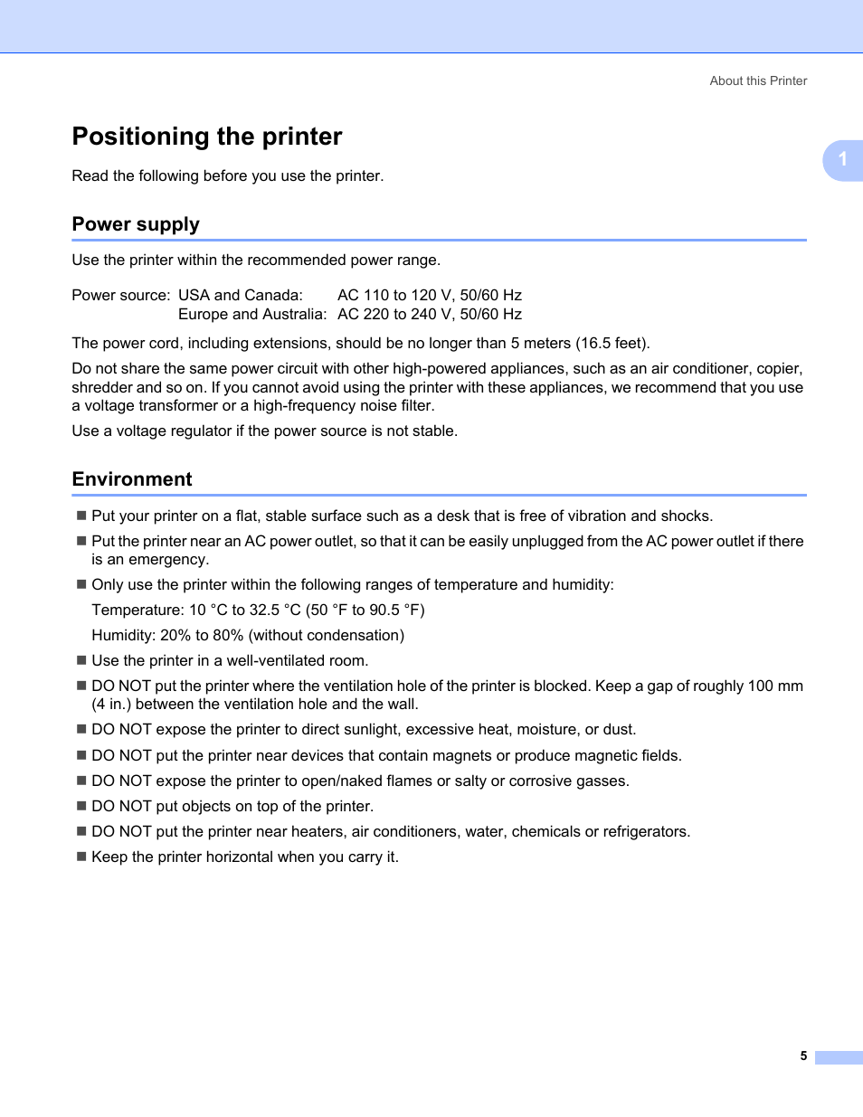 Positioning the printer, Power supply, Environment | Power supply environment | Brother HL 5370DW User Manual | Page 15 / 172