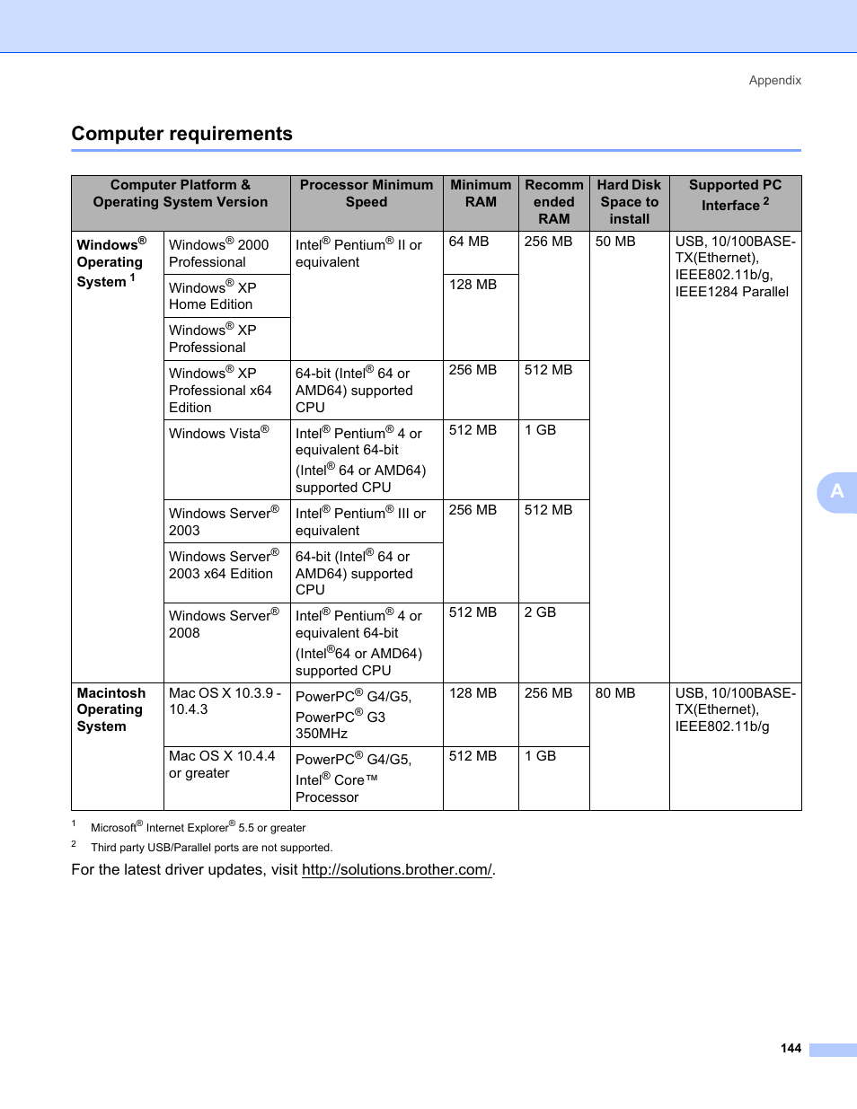 Computer requirements, Acomputer requirements | Brother HL 5370DW User Manual | Page 154 / 172