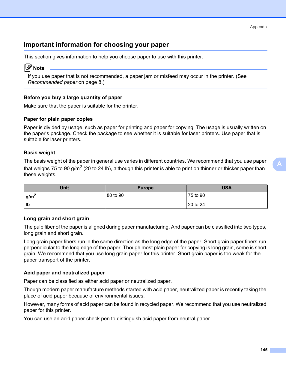 Important information for choosing your paper, Aimportant information for choosing your paper, Before you buy a large quantity of paper | Brother HL 5370DW User Manual | Page 155 / 172