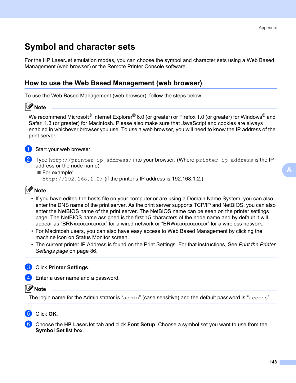 Symbol and character sets, How to use the web based management (web browser) | Brother HL 5370DW User Manual | Page 158 / 172