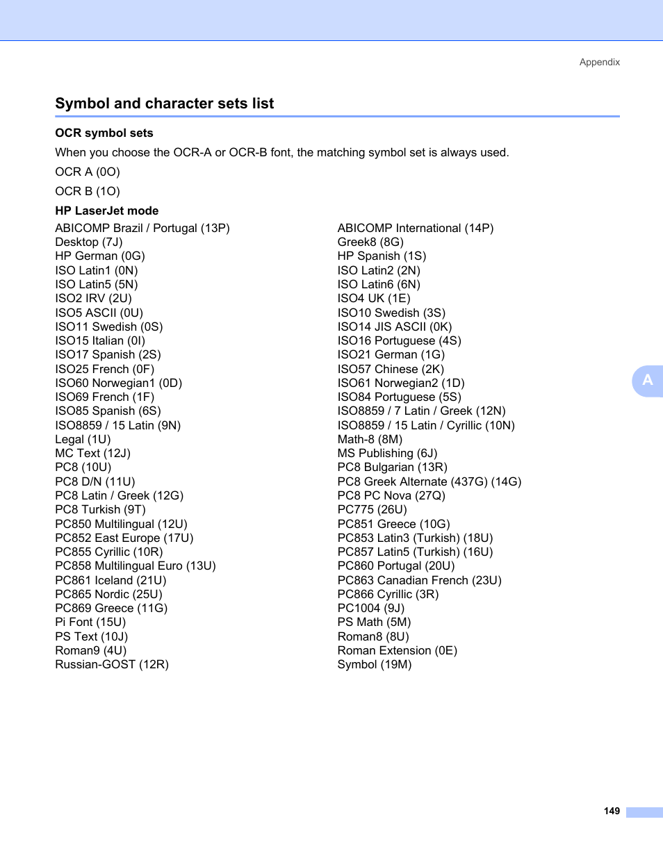 Symbol and character sets list, Asymbol and character sets list | Brother HL 5370DW User Manual | Page 159 / 172