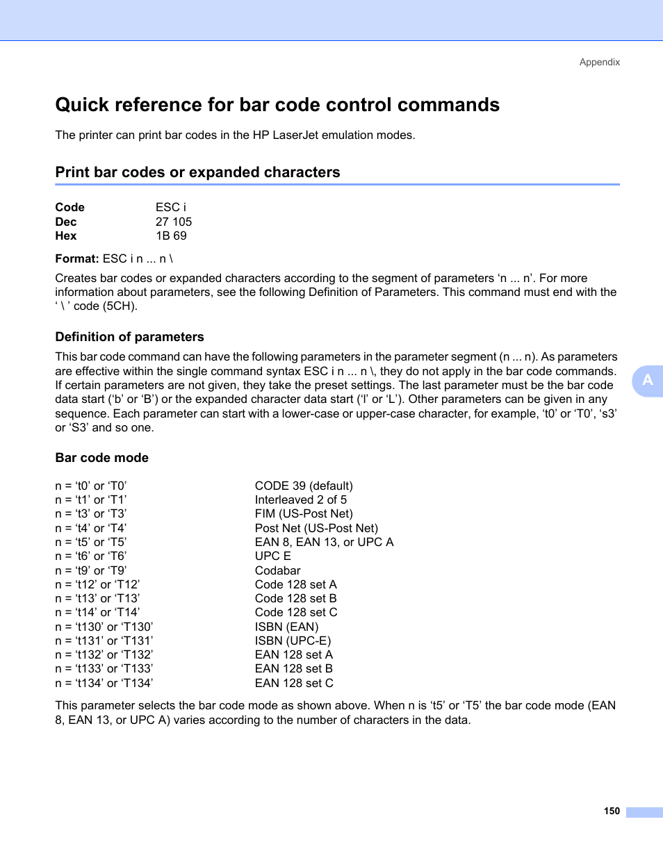Quick reference for bar code control commands, Print bar codes or expanded characters, Definition of parameters | Bar code mode | Brother HL 5370DW User Manual | Page 160 / 172