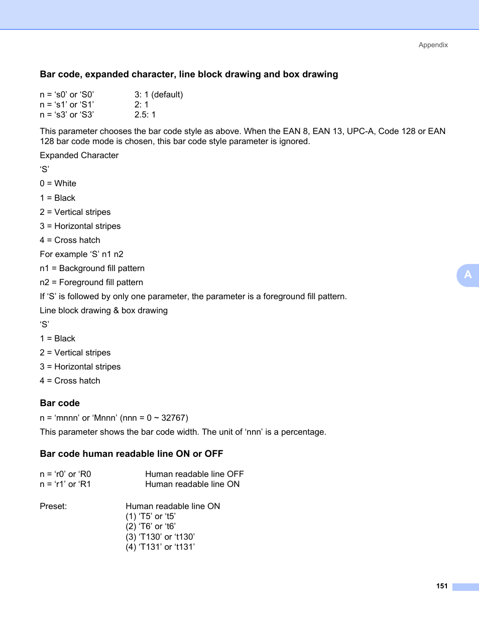 Bar code, Bar code human readable line on or off | Brother HL 5370DW User Manual | Page 161 / 172