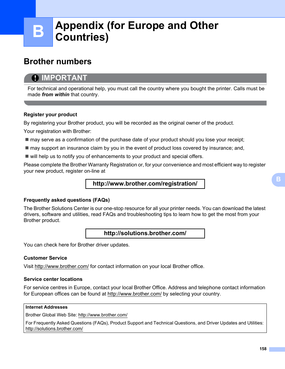 Appendix b (for europe and other countries), Brother numbers, Appendix (for europe and other countries) | Important | Brother HL 5370DW User Manual | Page 168 / 172