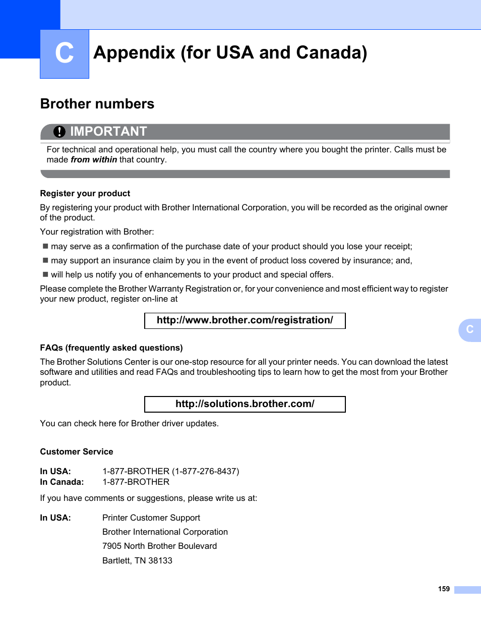 Appendix c (for usa and canada), Brother numbers, Appendix (for usa and canada) | Important | Brother HL 5370DW User Manual | Page 169 / 172