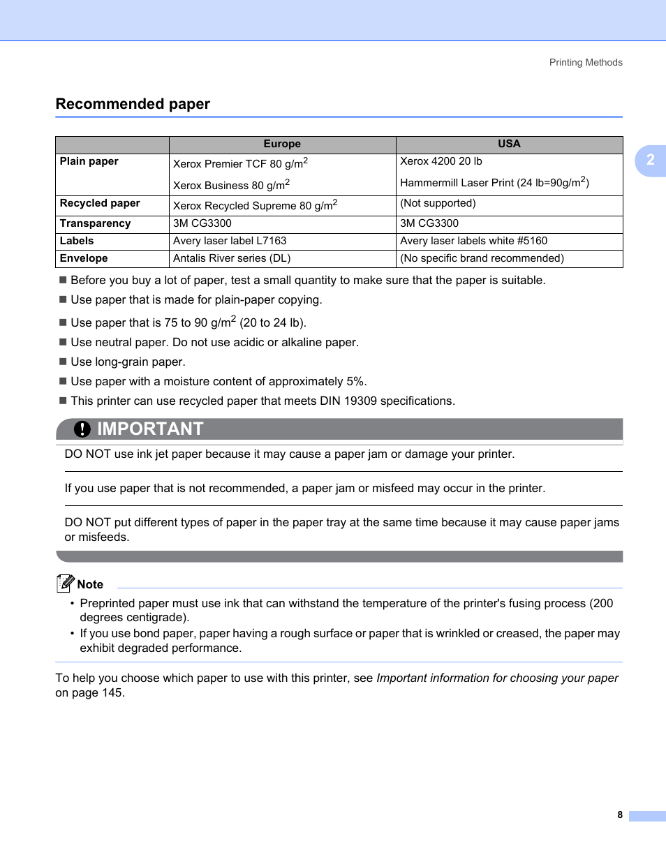 Recommended paper, Important, 2recommended paper | Brother HL 5370DW User Manual | Page 18 / 172