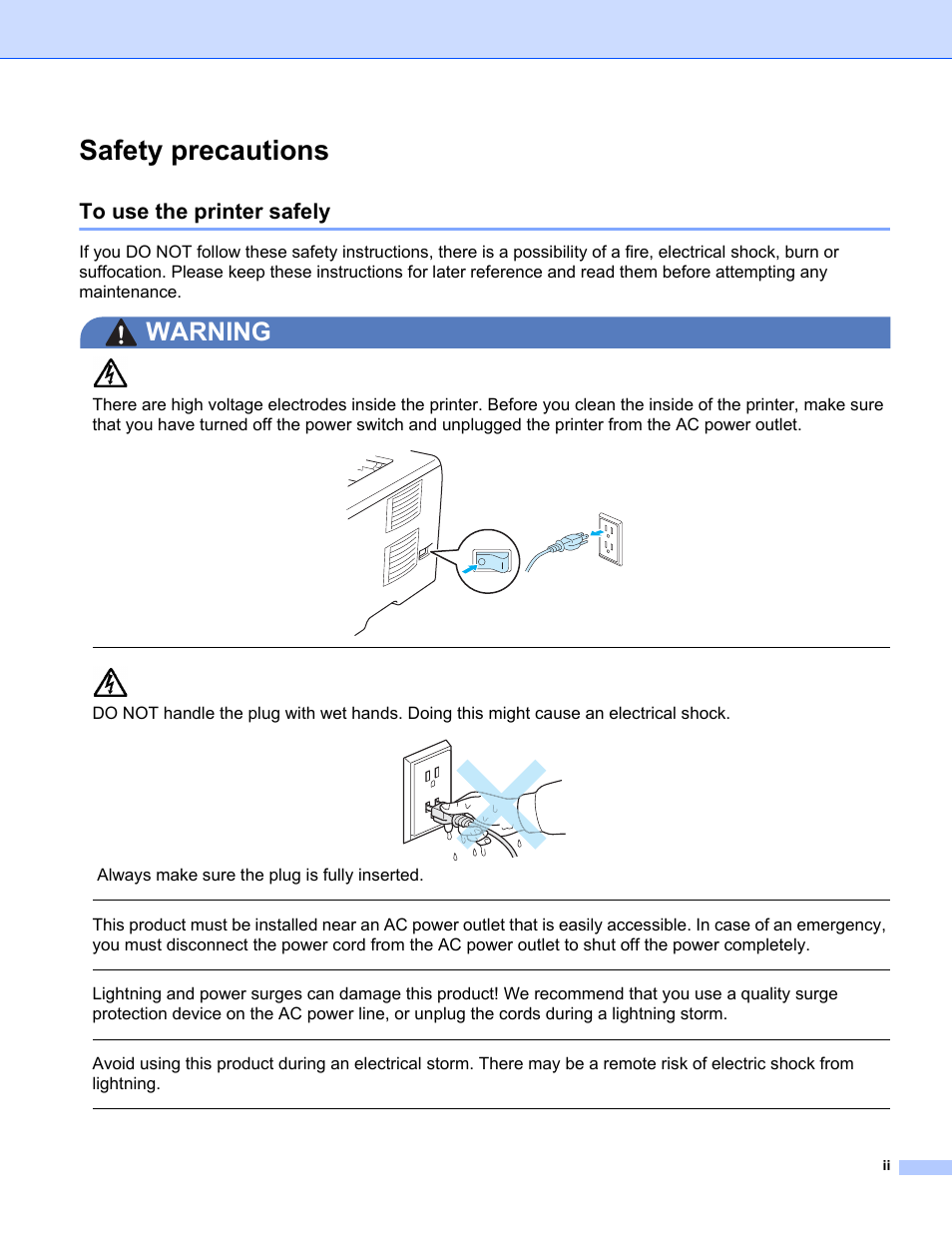 Safety precautions, To use the printer safely, Warning | Brother HL 5370DW User Manual | Page 3 / 172