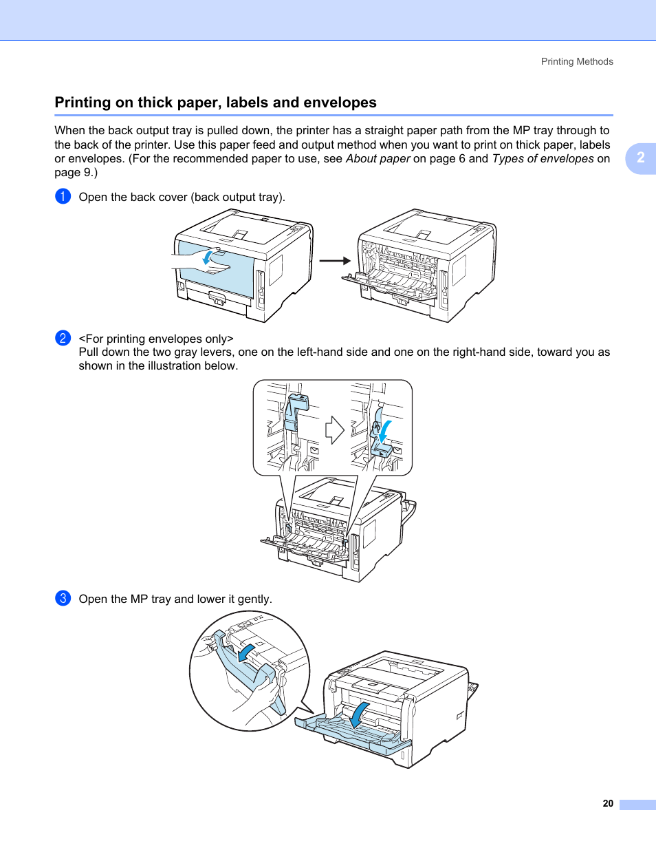 Printing on thick paper, labels and envelopes | Brother HL 5370DW User Manual | Page 30 / 172
