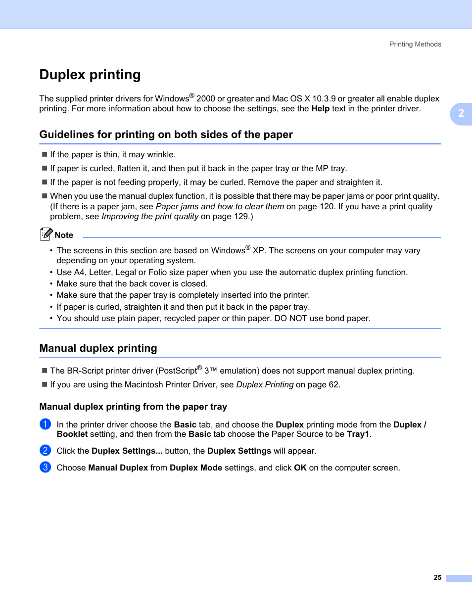 Duplex printing, Guidelines for printing on both sides of the paper, Manual duplex printing | Manual duplex printing from the paper tray | Brother HL 5370DW User Manual | Page 35 / 172