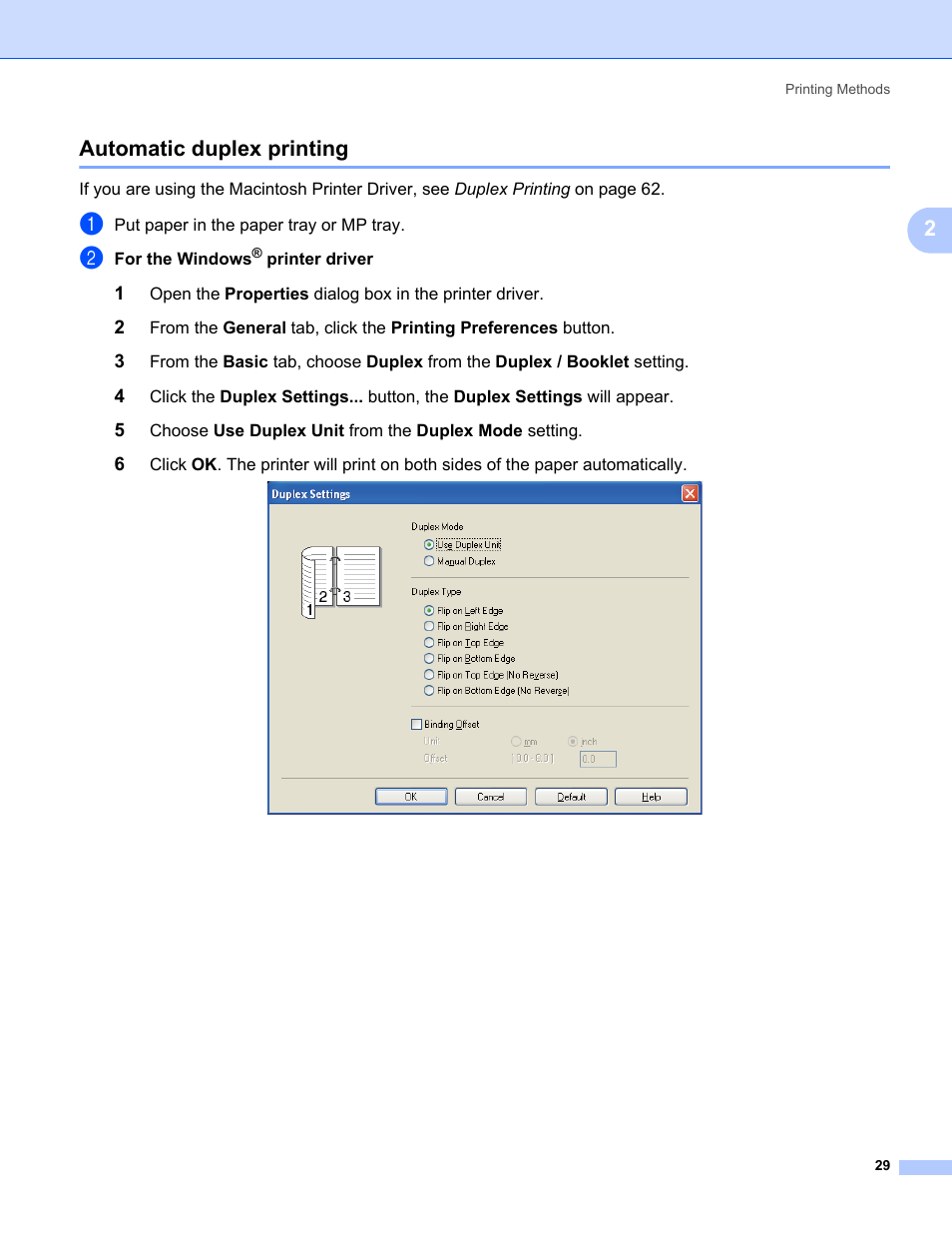 Automatic duplex printing, 2automatic duplex printing | Brother HL 5370DW User Manual | Page 39 / 172