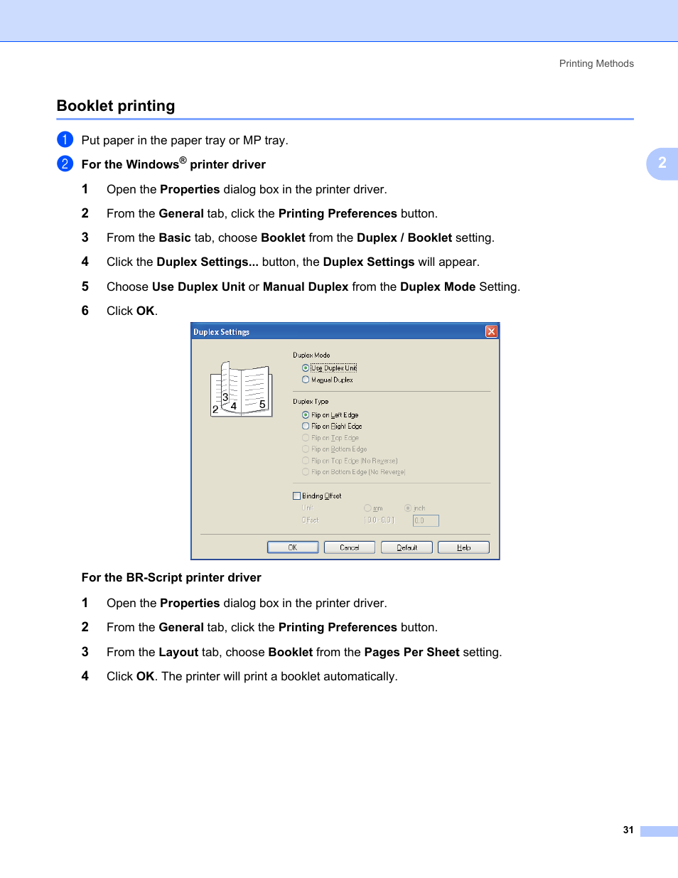 Booklet printing, 2booklet printing | Brother HL 5370DW User Manual | Page 41 / 172