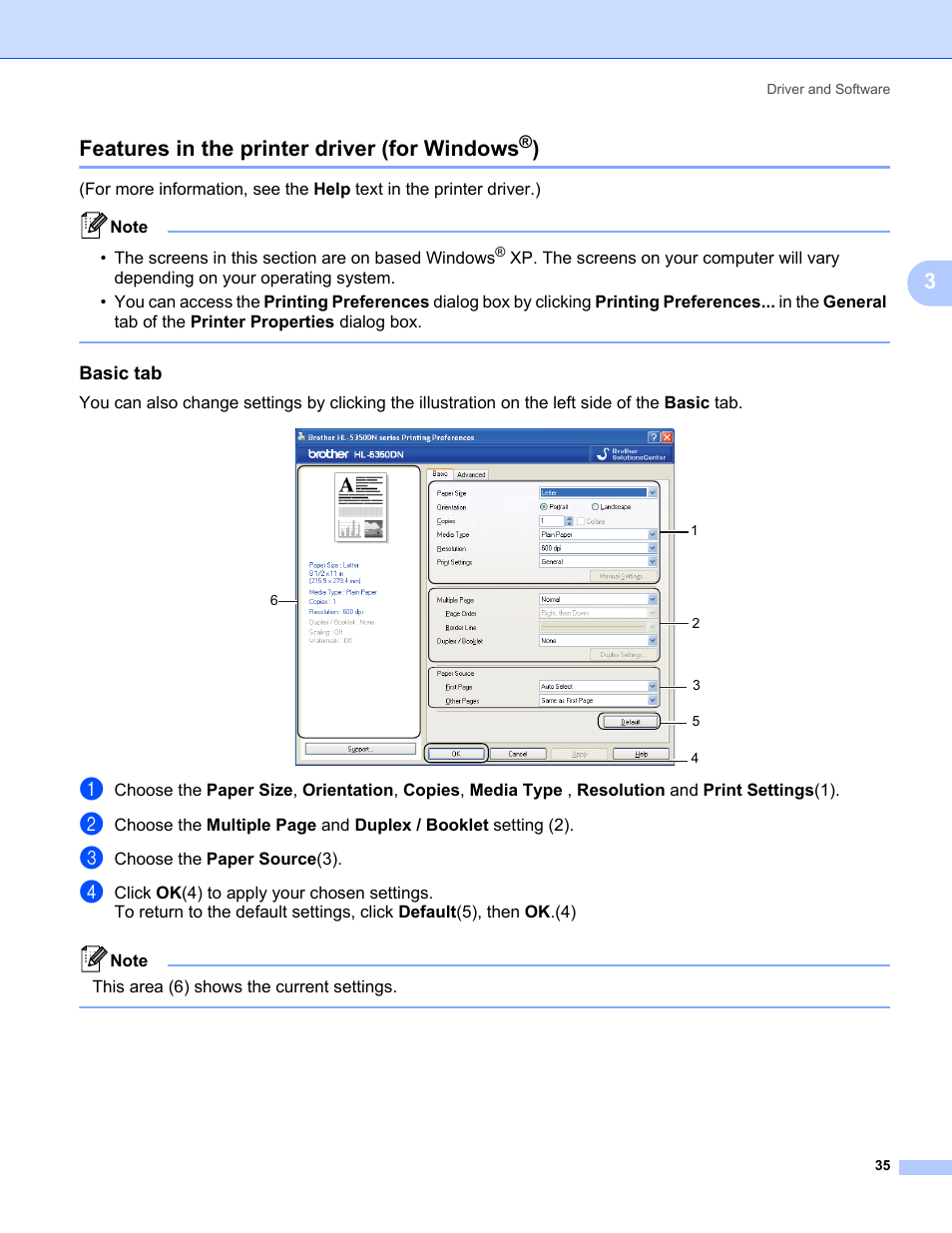 Features in the printer driver (for windows®), Basic tab, Features in the printer driver (for windows | 3features in the printer driver (for windows | Brother HL 5370DW User Manual | Page 45 / 172