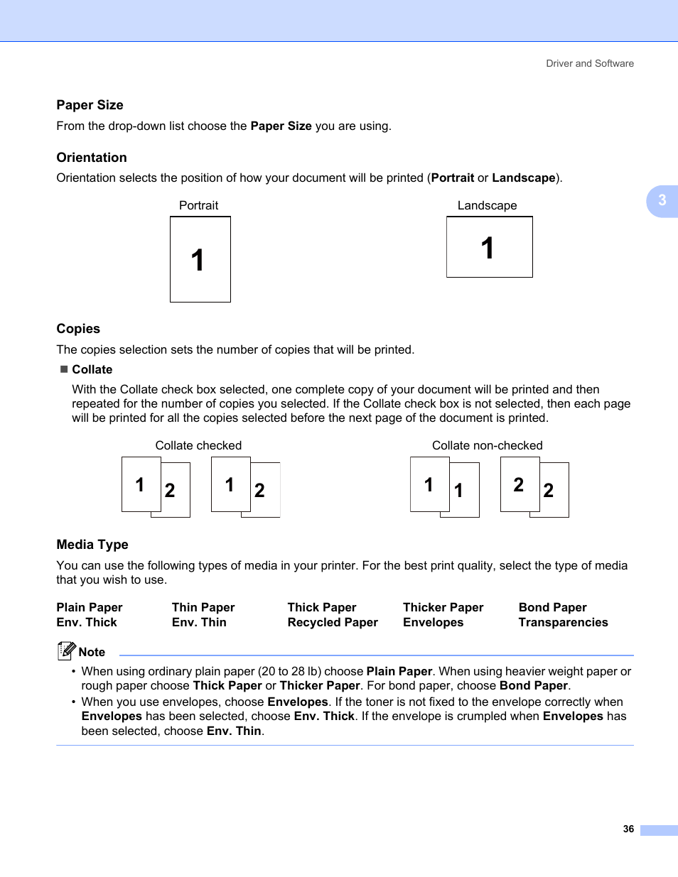 Paper size, Orientation, Copies | Media type | Brother HL 5370DW User Manual | Page 46 / 172