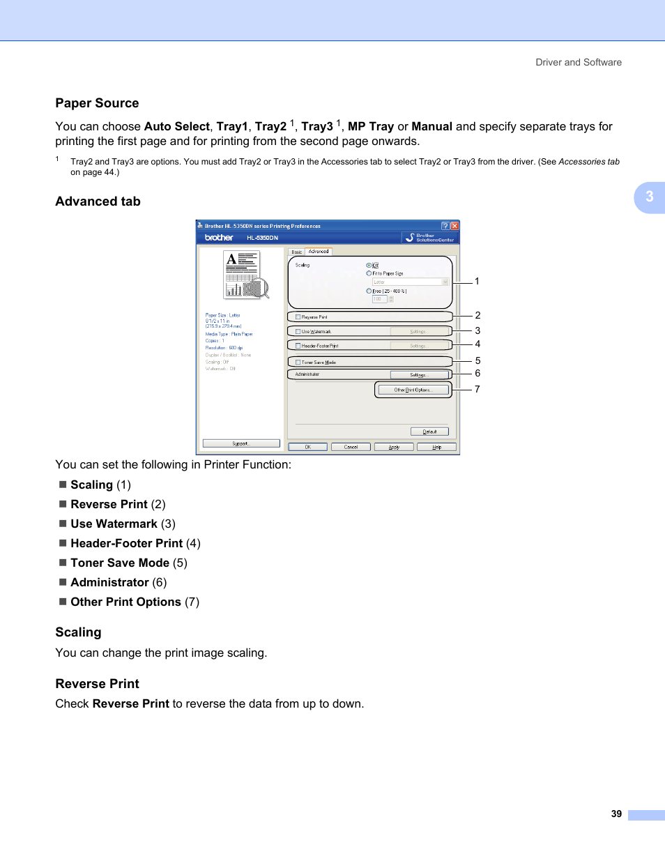 Paper source, Advanced tab, Scaling | Reverse print | Brother HL 5370DW User Manual | Page 49 / 172