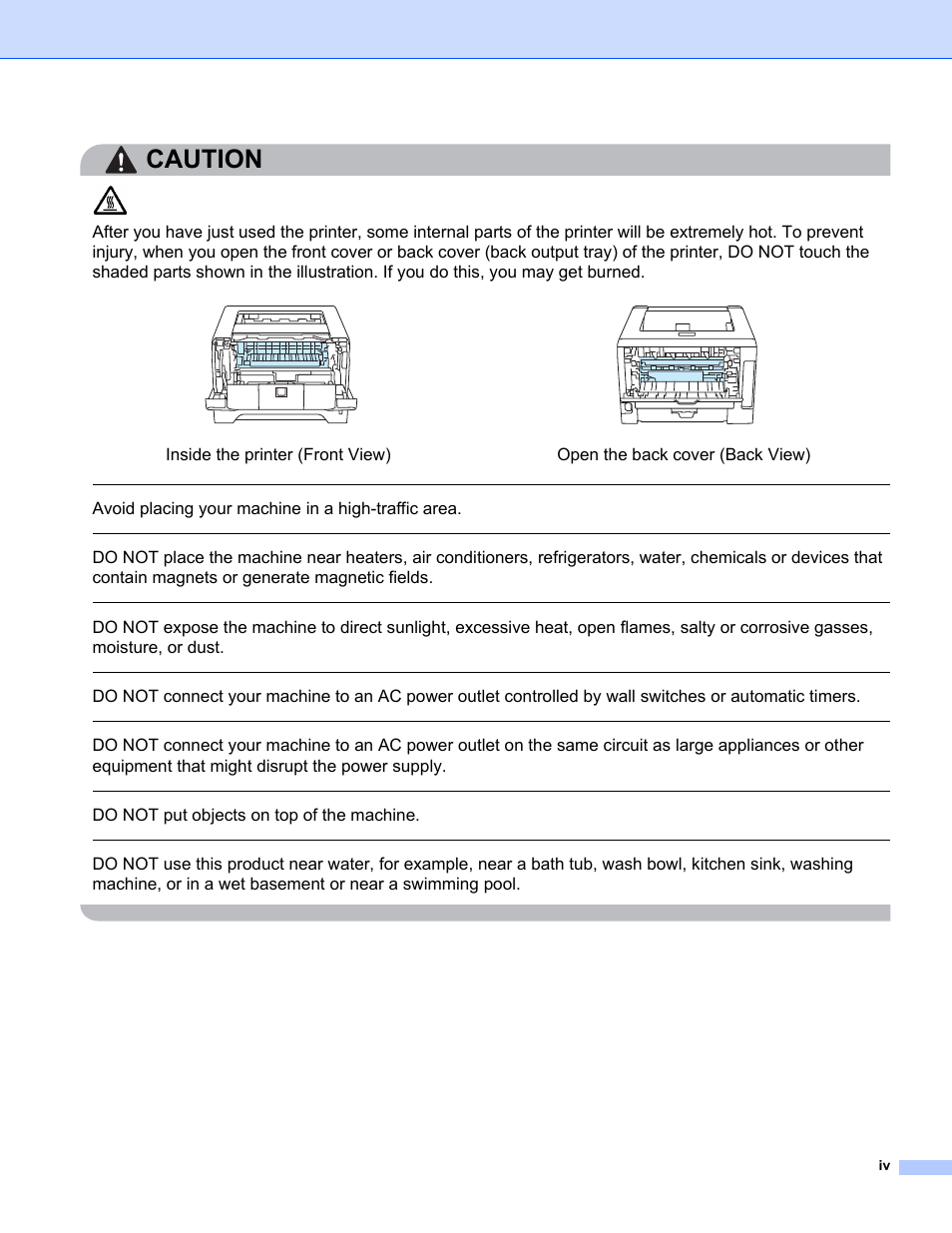 Caution, Avoid placing your machine in a high-traffic area, Do not put objects on top of the machine | Brother HL 5370DW User Manual | Page 5 / 172
