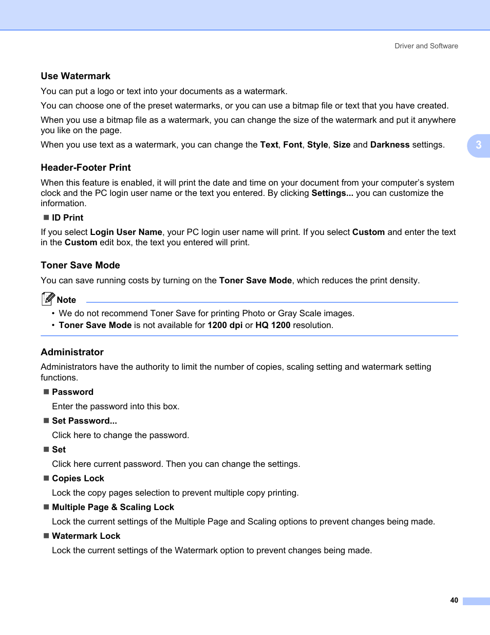 Use watermark, Header-footer print, Toner save mode | Administrator | Brother HL 5370DW User Manual | Page 50 / 172