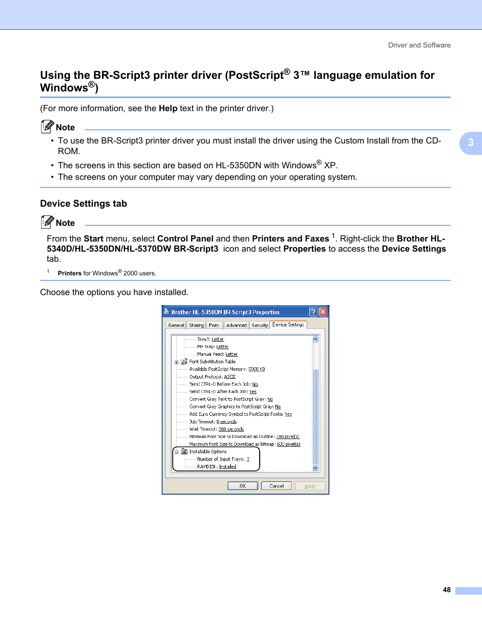 Device settings tab, Using the br-script3 printer driver (postscript, 3™ language emulation for windows | 3using the br-script3 printer driver (postscript | Brother HL 5370DW User Manual | Page 58 / 172