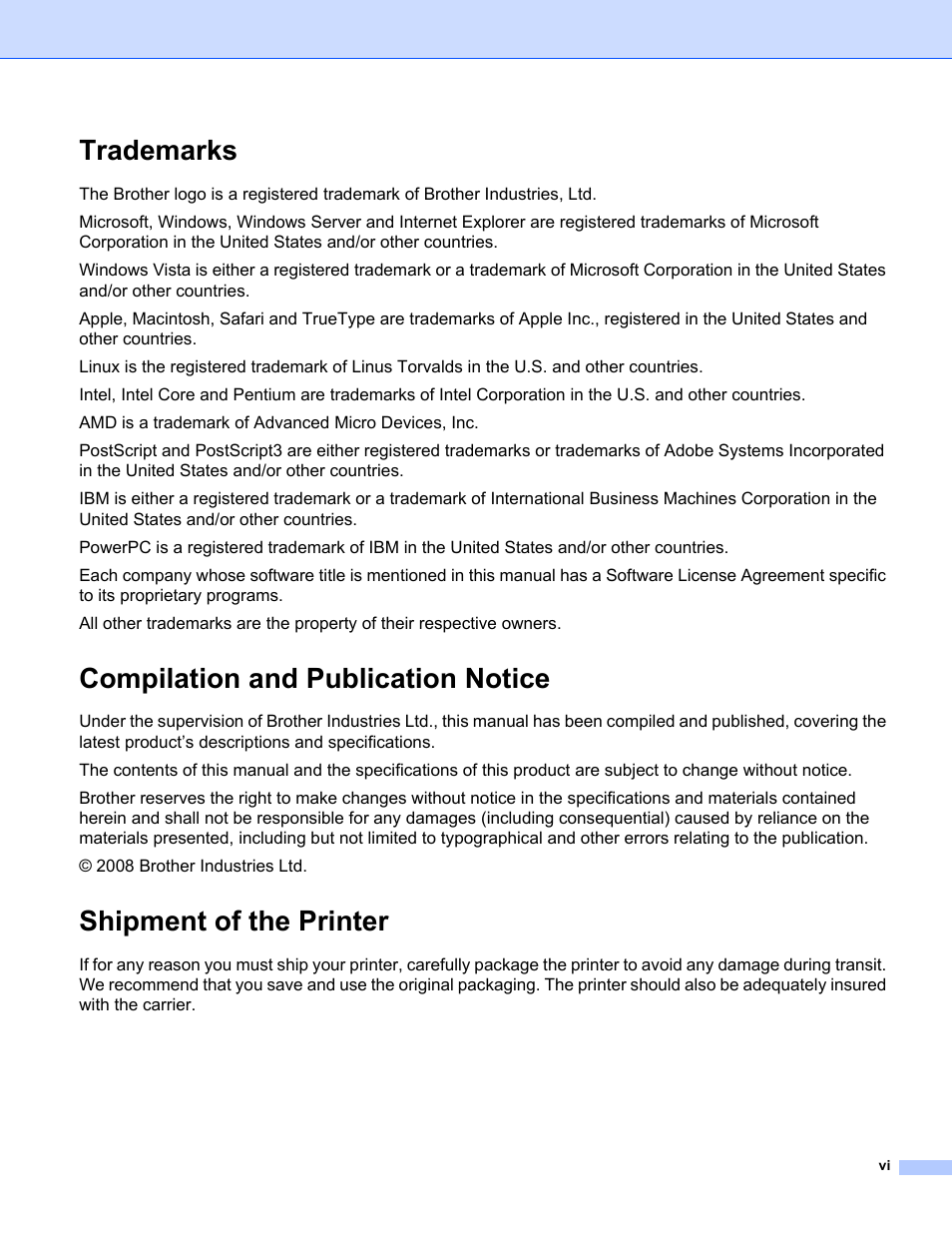 Trademarks, Compilation and publication notice, Shipment of the printer | Brother HL 5370DW User Manual | Page 7 / 172