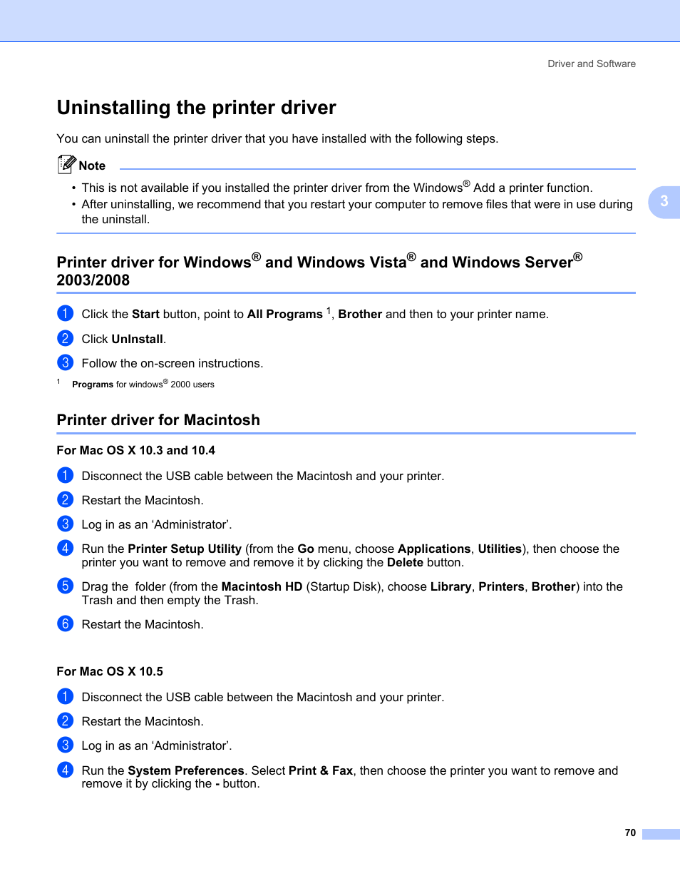 Uninstalling the printer driver, Printer driver for macintosh, Printer driver for windows | And windows vista, And windows server | Brother HL 5370DW User Manual | Page 80 / 172