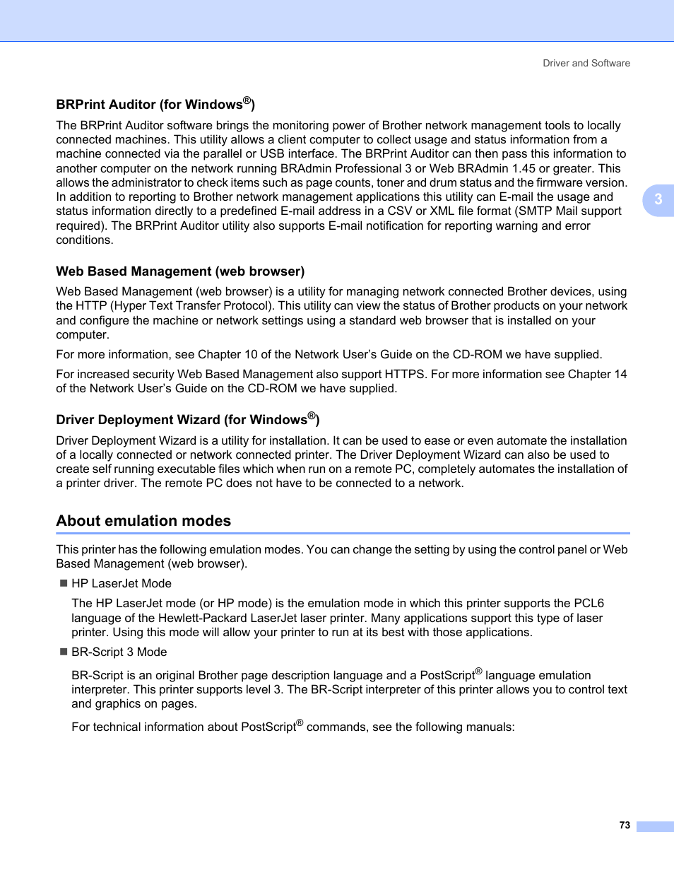 Brprint auditor (for windows®), Web based management (web browser), Driver deployment wizard (for windows®) | About emulation modes | Brother HL 5370DW User Manual | Page 83 / 172